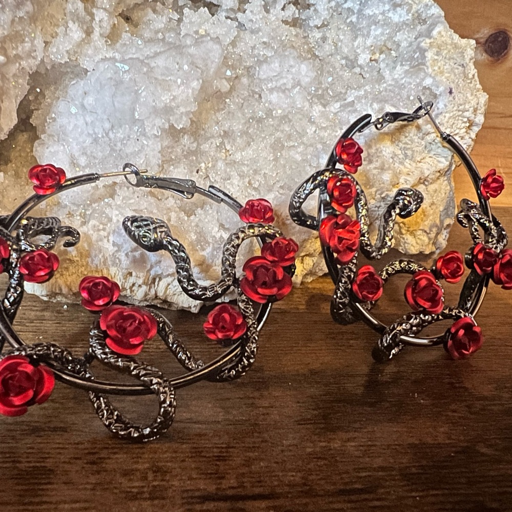 Roses and snake dark witchy gothic style earrings gunmetal color 2 in hoops